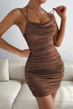 Brown Ruched Bodycon Mini Party Dress