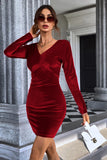 Burgundy V-Neck Velvet Short Party Dress