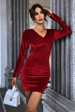 Burgundy V-Neck Velvet Short Party Dress