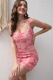 Pink Short Lace Up Party Dress with 3D Flower