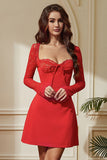 Red A-Line Lace Long Sleeves Short Party Dress