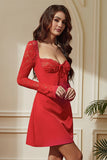 Red A-Line Lace Long Sleeves Short Party Dress