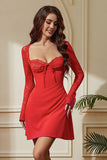 Red A-Line Lace Long Sleeves Short Party Dress