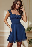 Navy Laced Square Neck A-Line Short Party Dress