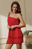 Red One Shoulder Pleated Tiered Sheath Short Party Dress