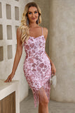 Sparkly Pink Tight Sequined Embroidery Spaghetti Straps Short Party Dress with Tassels