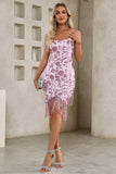 Sparkly Pink Tight Sequined Embroidery Spaghetti Straps Short Party Dress with Tassels