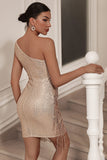 Sparkly Champagne One Shoulder Tight Short Party Dress with Tassels