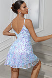 Sparkly Blue A-Line Spaghetti Straps Party Dress with Embroidery