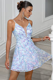 Sparkly Blue A-Line Spaghetti Straps Party Dress with Embroidery