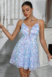 Sparkly Blue A-Line Spaghetti Straps Party Dress with Embroidery