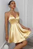 Golden A-Line Spaghetti Straps Satin Short Party Dress