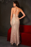 Sparkly Champagne Mermaid Spaghetti Straps Long Party Dress