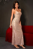 Sparkly Champagne Mermaid Spaghetti Straps Long Party Dress