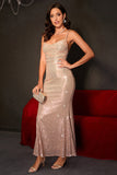 Sparkly Champagne Mermaid Spaghetti Straps Long Party Dress