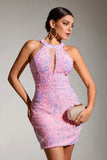 Sparkly Pink Sequins Tight Hollow Out Short Party Dress