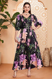 Black Floral A-Line V Neck Long Prom Dress with Belt