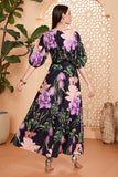 Black Floral A-Line V Neck Long Prom Dress with Belt