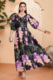 Black Floral A-Line V Neck Long Prom Dress with Belt