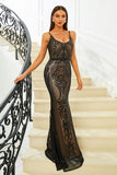 Sparkly Black Mermaid Spaghetti Straps Sequined Long Prom Dress