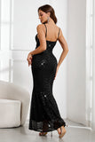 Sparkly Black Sequined Embroidery Mermaid Spaghetti Straps Long Prom Dress