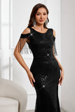 Sparkly Black Mermaid Fringed Cold Shoulder Long Prom Dress with Slit