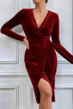 Burgundy Velvet Wrap Long Sleeves Cocktail Dress