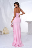 Pink Mermaid Strapless Ruffles Long Formal Dress with Slit