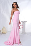 Pink Mermaid Strapless Ruffles Long Formal Dress with Slit