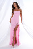 Pink Mermaid Strapless Ruffles Long Formal Dress with Slit