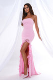 Pink Mermaid Strapless Ruffles Long Formal Dress with Slit