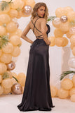 Black Mermaid Lace-up Back Long Formal Dress with Slit