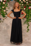 Sparkly Beading Black Square Neck Prom Dress with Slit