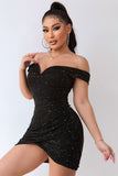 Black Sparkly Off The Shoulder Beading Bodycon Short Cocktail Dress