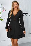 Black A-Line Long Sleeves V Neck Buttons Short Party Dress