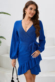 Royal Blue V Neck Wrap Ruffle Long Sleeves Short Party Dress