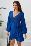 Royal Blue V Neck Wrap Ruffle Long Sleeves Short Party Dress