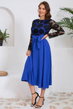 Royal Blue Sheath Lace Top Long Sleeves Long Party Dress with Sash