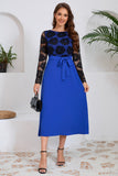 Royal Blue Sheath Lace Top Long Sleeves Long Party Dress with Sash