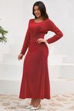 Red Mermaid Scoop Neck Long Party Dress with Long Sleeves