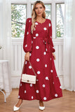 Navy Scoop Neck Polka Dots Long Cocktail Dress with Sash