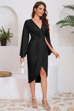 Black Mermaid V-Neck Asymmetrical Midi Cocktail Dress with Sleeves