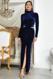 Dark Blue Mermaid Halter Neck Formal Dress with Slit