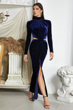 Dark Blue Mermaid Halter Neck Formal Dress with Slit