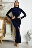 Dark Blue Mermaid Halter Neck Formal Dress with Slit