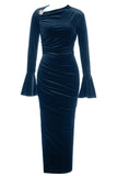 Peacock Blue Mermaid Velvet Long Sleeves Formal Dress with Slit