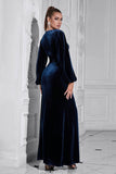 Puff Sleeves Dark Blue Ruched Long Velvet Formal Dress with Slit