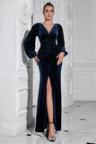 Puff Sleeves Dark Blue Ruched Long Velvet Formal Dress with Slit