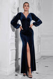 Puff Sleeves Dark Blue Ruched Long Velvet Formal Dress with Slit