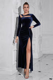 Dark Blue Long Sleeves Velvet Formal Dress with Slit